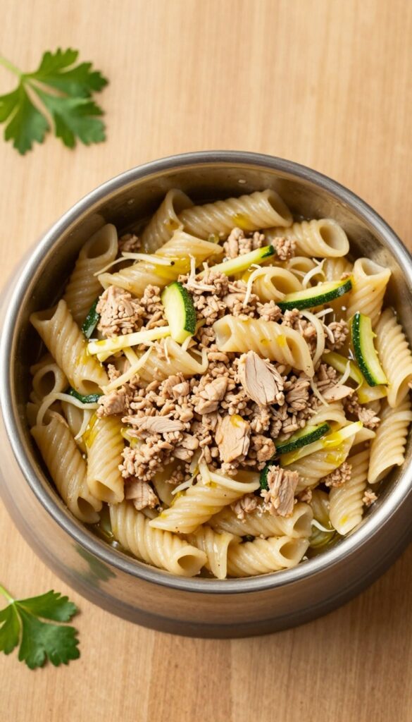 Homemade dog meal with turkey, zucchini, and pasta in a dog bowl, fresh and simple ingredients for dogs.