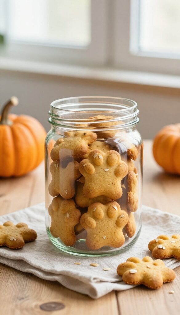 Glass jar filled with homemade pumpkin and oatmeal dog cookies in bone and paw shapes on a wooden table with a small pumpkin.