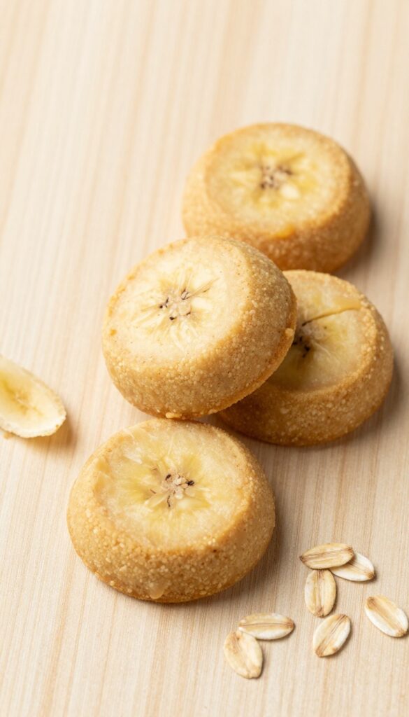 Homemade peanut butter and banana soft dog treats, no-bake crumb-free dog snacks on a wooden board.