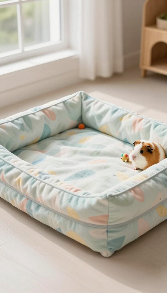 Guinea pig cage with washable fleece liners in pastel colors, soft and clean, with toys and hideout, bright natural light.