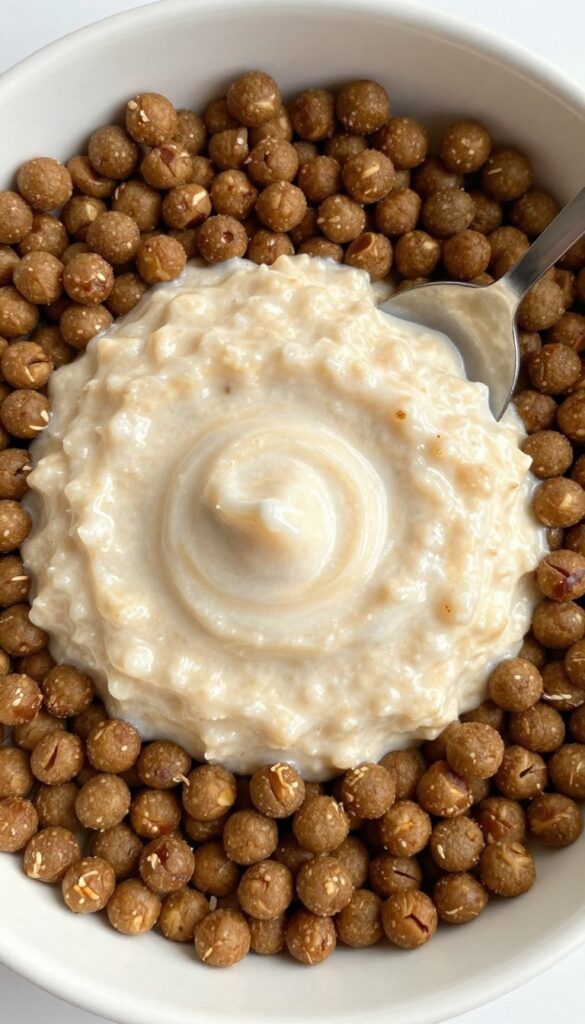 Homemade oatmeal porridge dollop on dog kibble as a budget-friendly dog food topper for picky eaters.