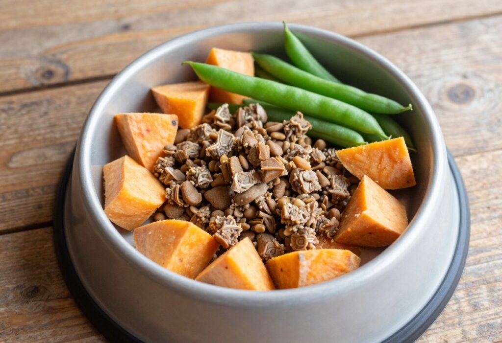 Homemade rabbit dog food bowl with sweet potato and green beans on a wooden table