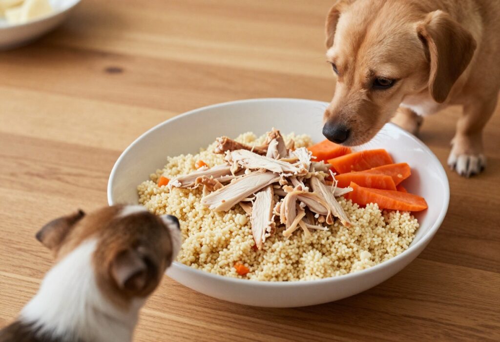 Homemade dog food bowl with chicken and couscous, dog looking on