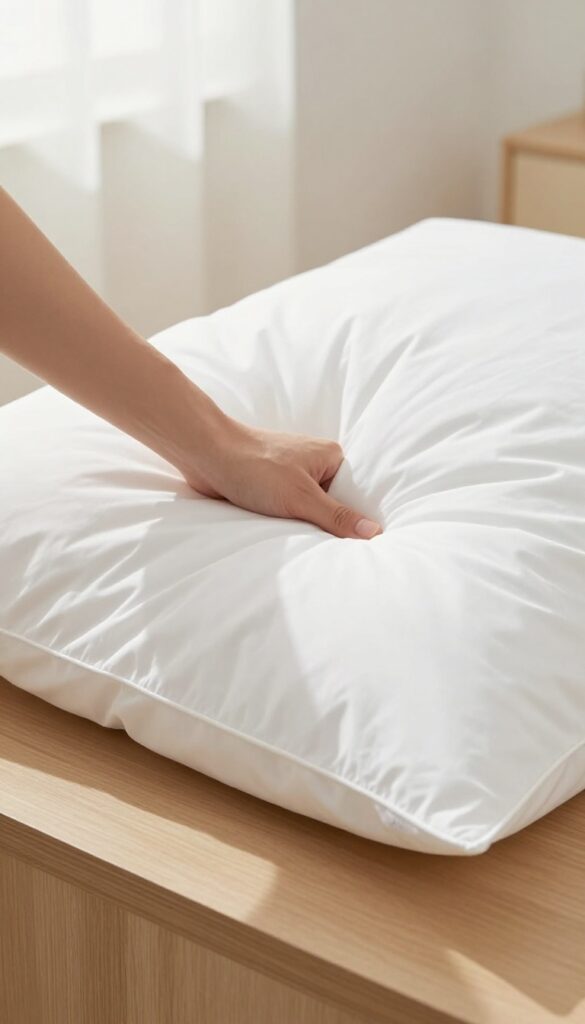 Hand turning over a white pillow to show the care label with washing symbols on a wooden table in bright natural light