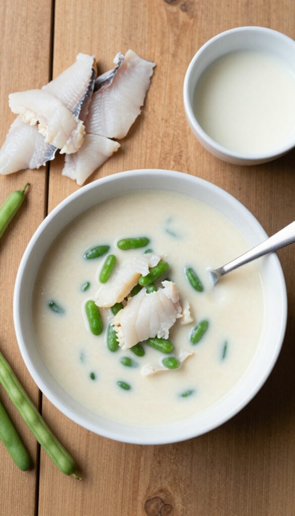 Homemade dog soup chowder with white fish and green beans in a dog bowl, dairy-free broth, pet food photography