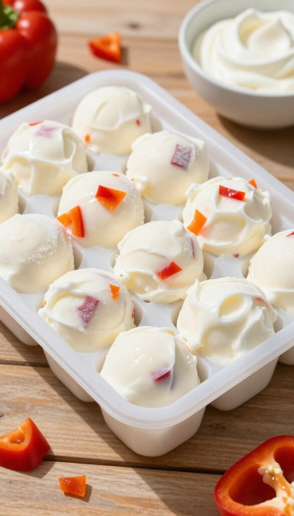 Homemade frozen bell pepper and yogurt dog treats in a silicone mold, with red and orange pepper pieces visible, on a wooden table in natural light.