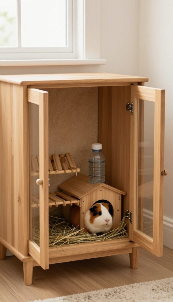 Guinea pig enclosure inside a wooden cabinet, simple setup, bright natural light