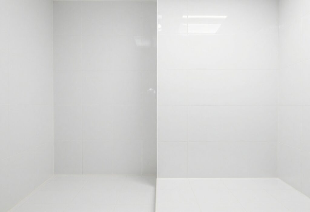 Bright bathroom tiles with clean white grout lines