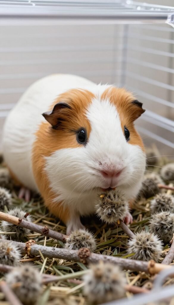 Guinea pigs playing with willow balls and chew toys in a bright enclosure