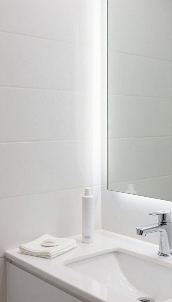 Bathroom mirror half foggy half clear after applying shaving cream as anti-fog treatment.
