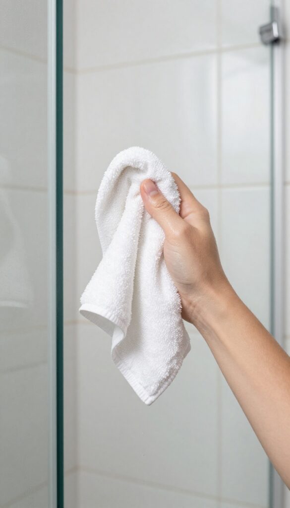 Hand drying shower floor with a towel to prevent buildup