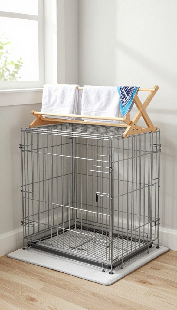 Dog crate with hanging drying rack above in laundry room