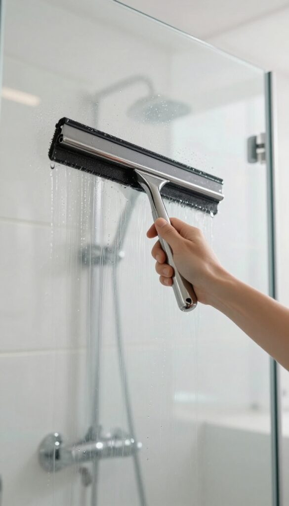 Hand using a squeegee on a wet shower glass door to prevent water spots and soap scum buildup