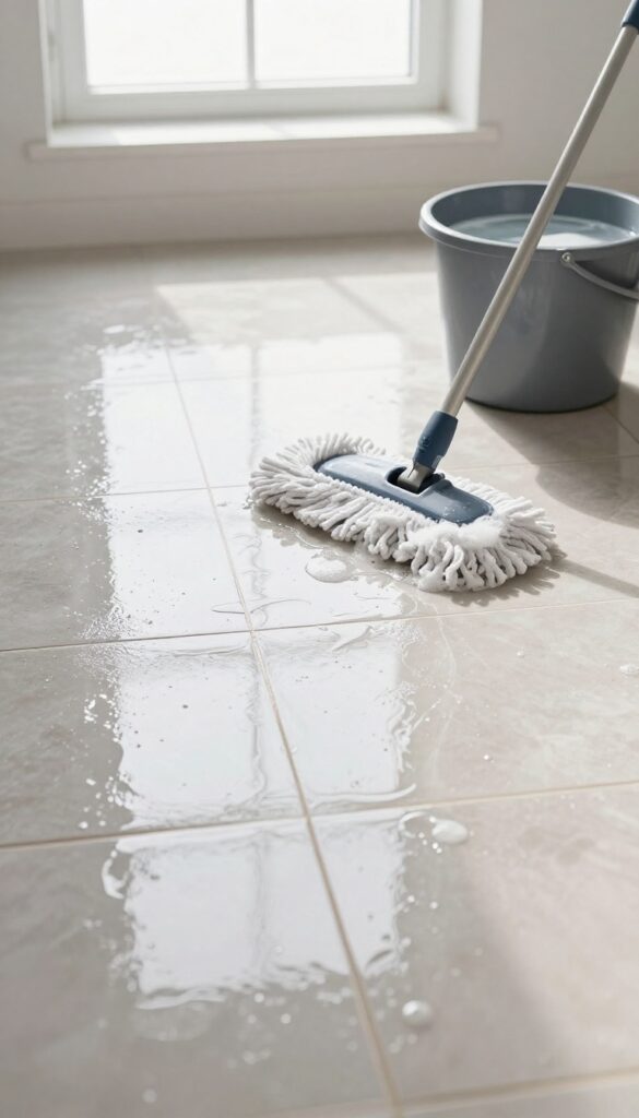 Person mopping a clean tile floor with a microfiber mop in bright natural light
