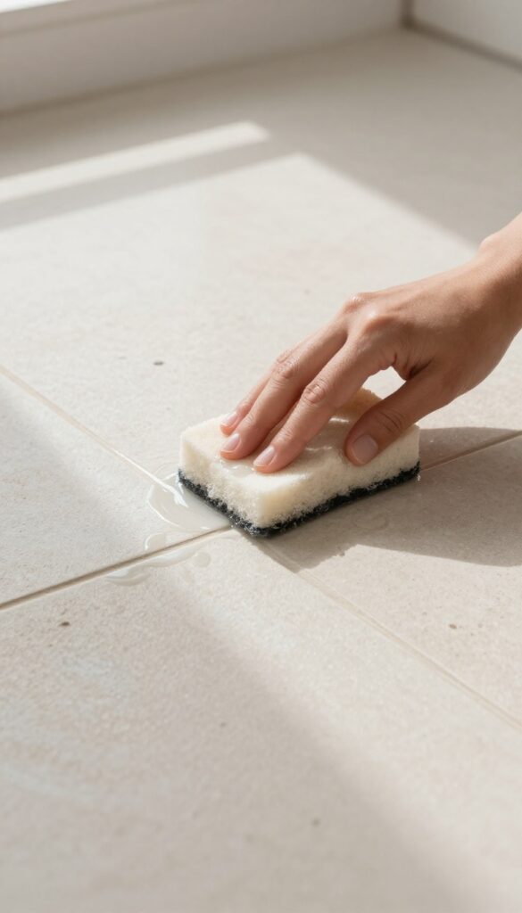 Hand applying tile sealer to grout lines on a natural stone floor