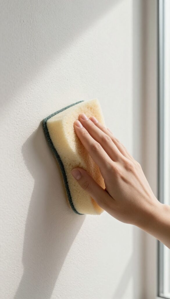 Hand using a dry chemical sponge to clean a textured wall