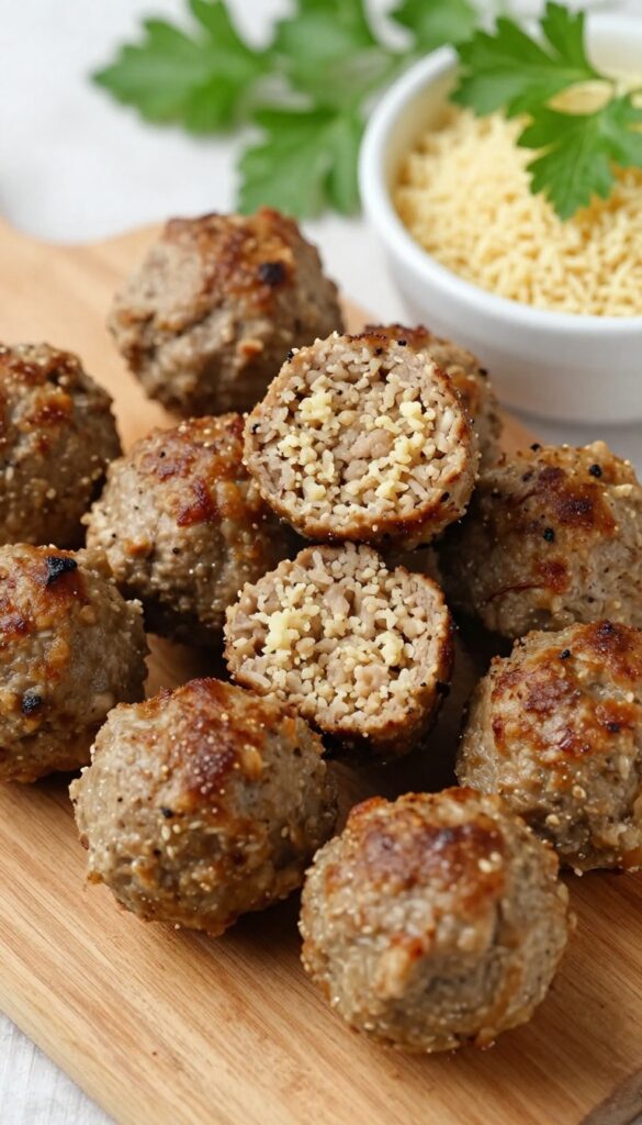 Homemade lamb and couscous meatballs for dogs, arranged on a wooden board as a dog-friendly snack.