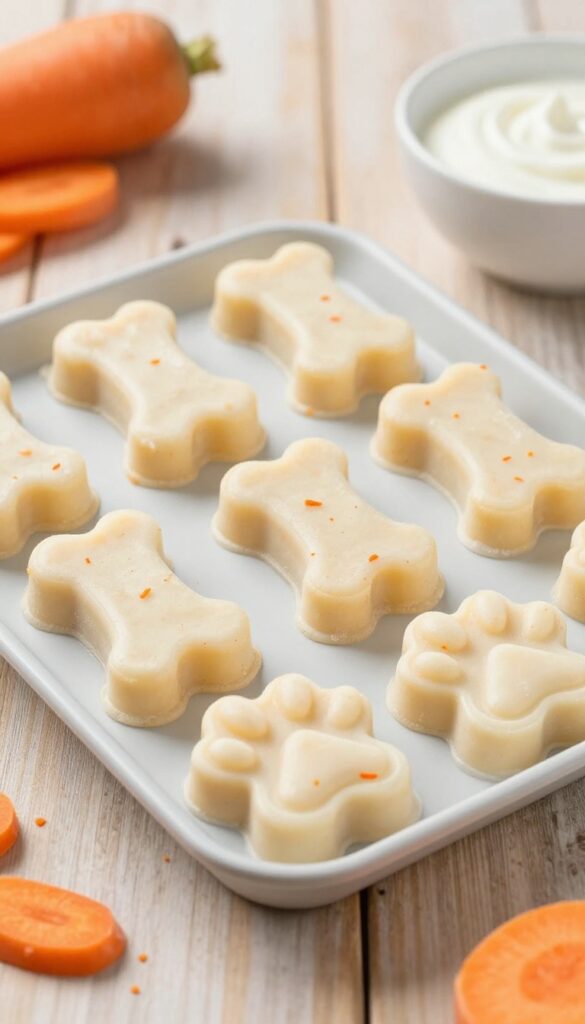 Homemade frozen goat milk and carrot dog treats in a silicone mold on a wooden table, bright natural light, photorealistic pet food photography.