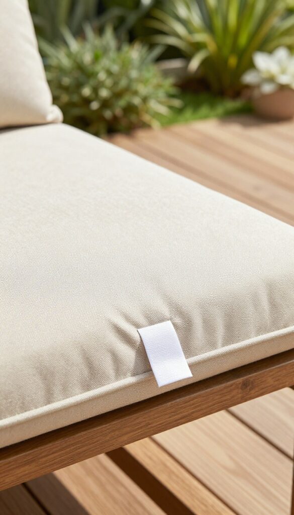 Outdoor cushion care tag on the underside of the cushion, with sunlight highlighting the fabric and tag.