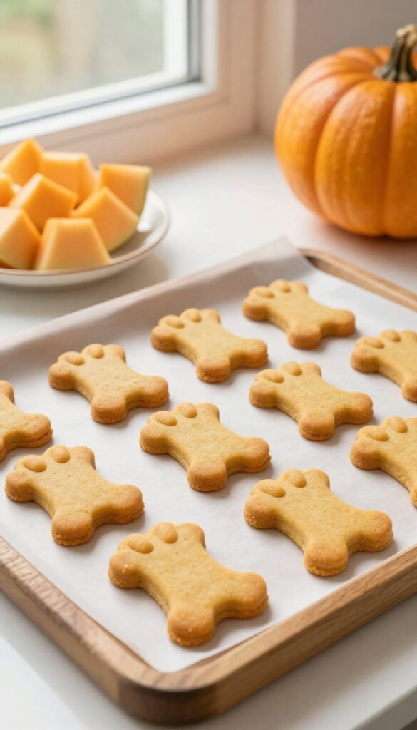 Homemade cantaloupe and pumpkin dog biscuits baked on a parchment-lined sheet, with cantaloupe cubes and pumpkin nearby.