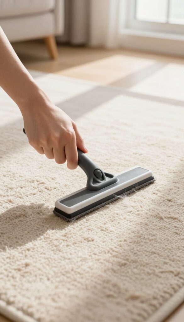 Person using a rubber squeegee to remove pet hair from a bedroom rug, with hair clumps visible.