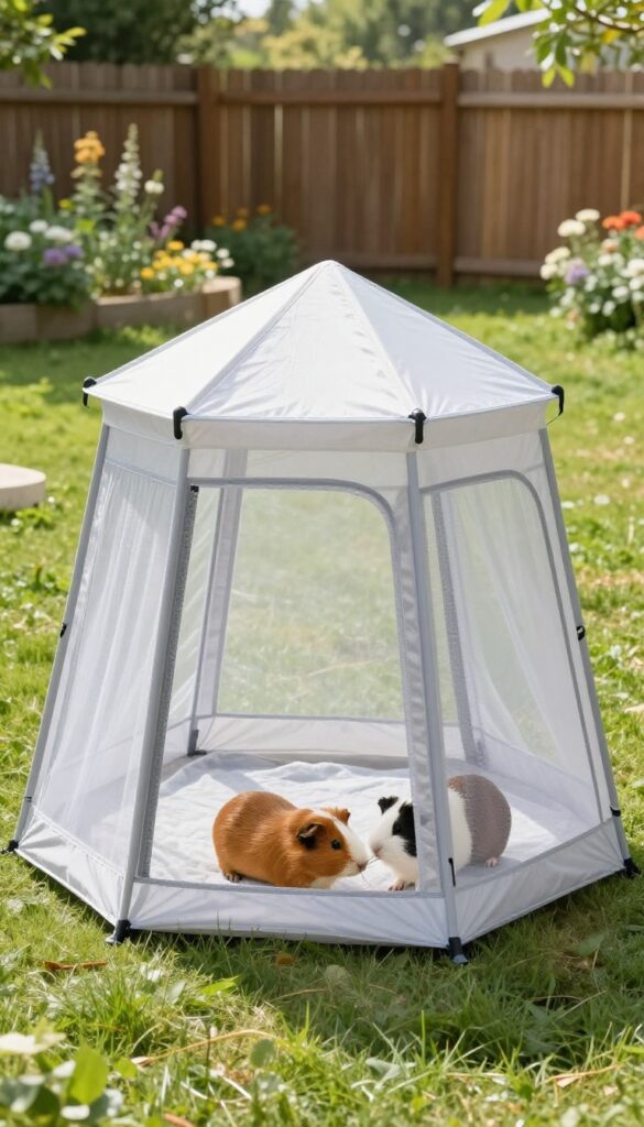 Large pop-up pet tent with mesh panels on grass, guinea pigs inside, shaded outdoor area
