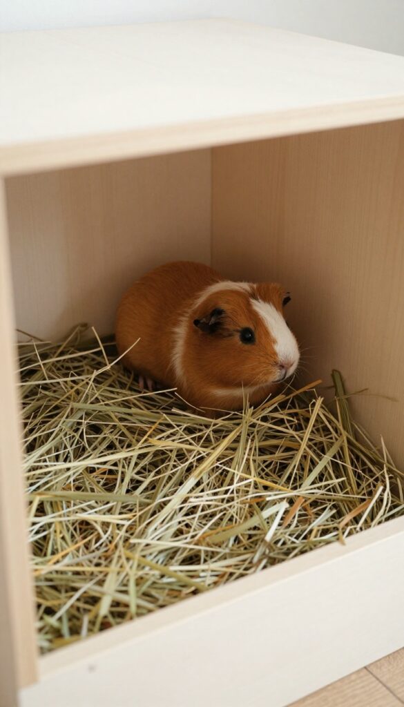 Corner hay bin with fleece cover in guinea pig habitat, providing a cozy hideout and feeding area