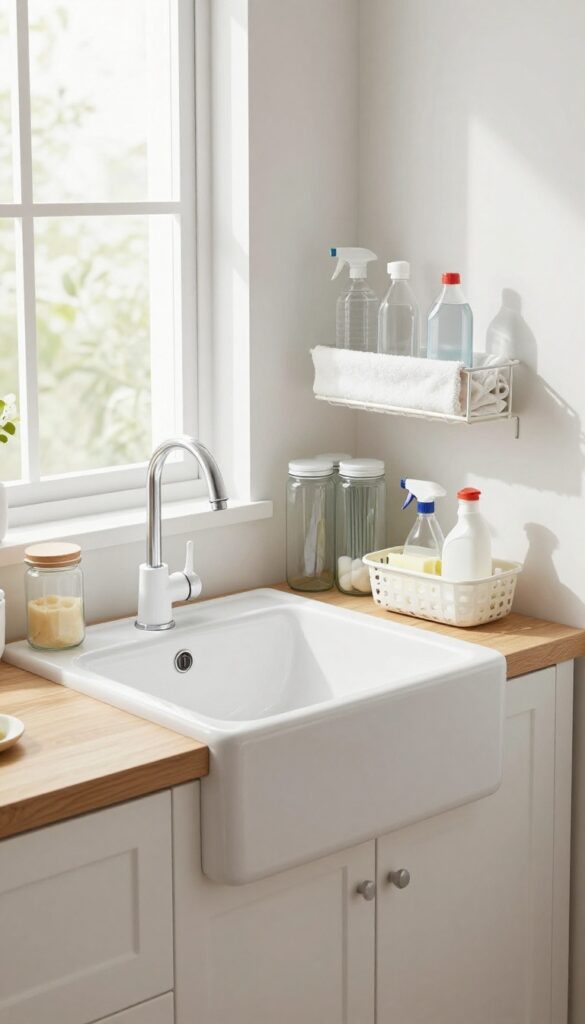 Dedicated cleaning station for guinea pig supplies with sink, storage, and drying rack