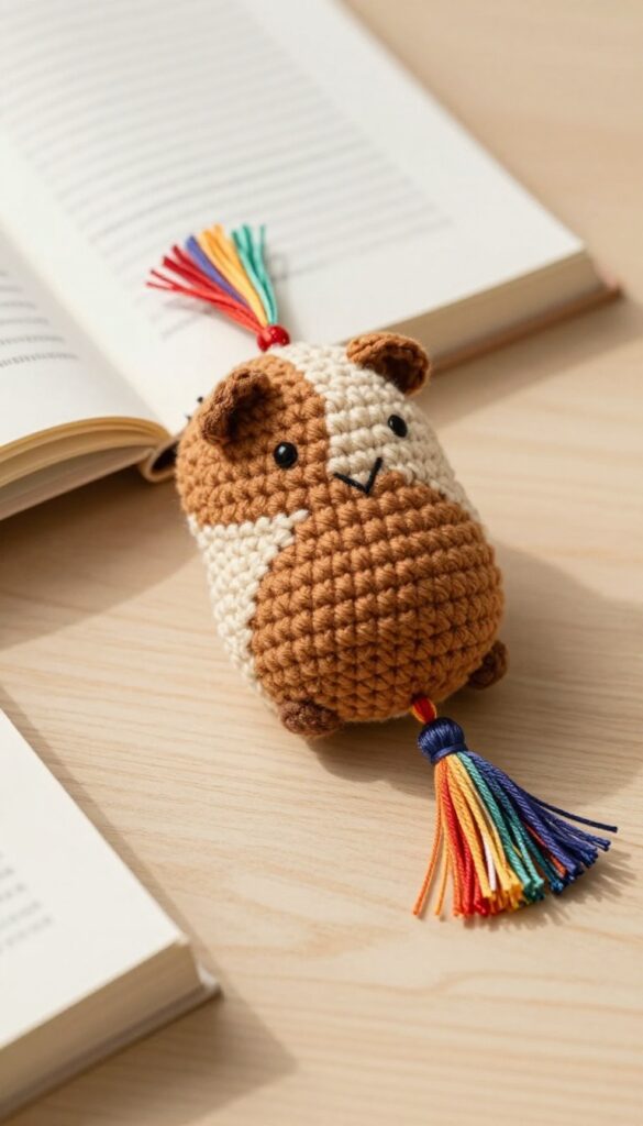 Crochet guinea pig bookmark on an open book with a tassel