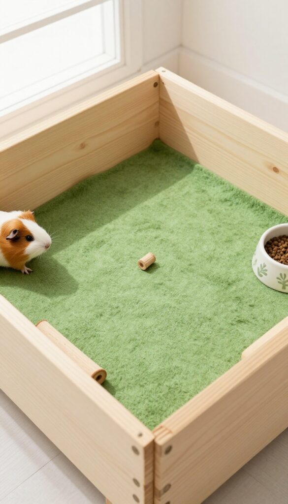 A guinea pig cage with green fleece, a wooden log tunnel, and a floral ceramic bowl, bathed in natural light.