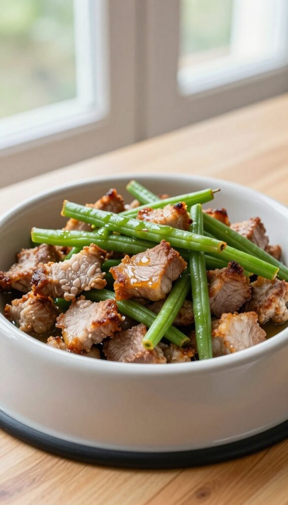 Homemade dog food stir-fry with lean pork and green beans in a dog bowl