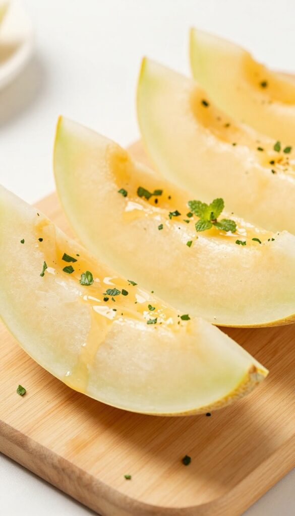 Homemade honeydew and mint dog treat crunchies, thin dehydrated melon chips with mint, on a wooden board.