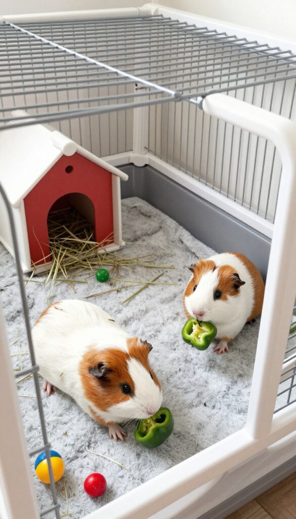 Open-top C&C cage with fleece liner and guinea pigs