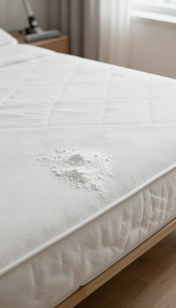 White mattress with baking soda sprinkled over a damp area, vacuum cleaner nearby, bright natural light, clean bedroom background.