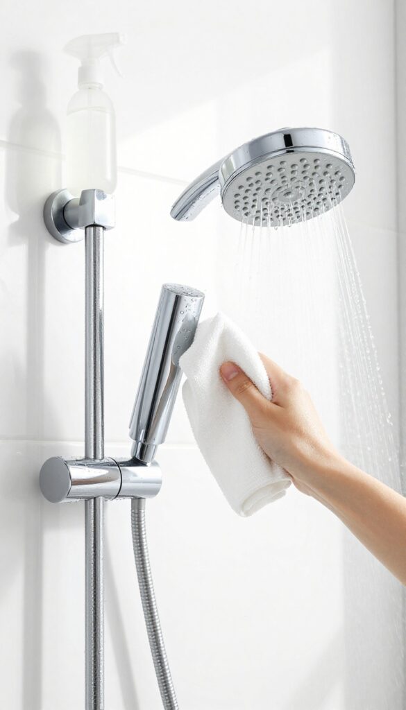 A hand wiping a chrome shower head with a microfiber cloth, with a white vinegar spray bottle nearby on a tiled shower wall.