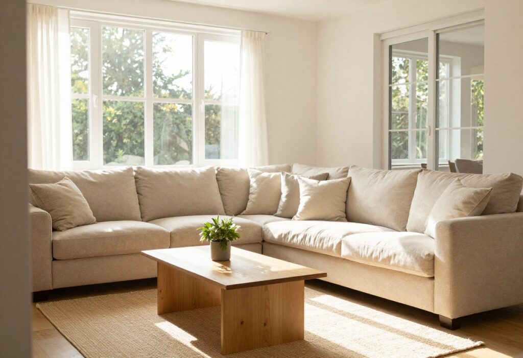 Bright living room with clean sofa and coffee table, ready for a calm week.