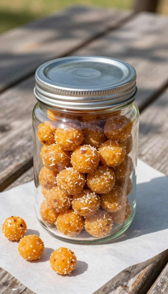 Homemade no-bake pumpkin and coconut dog treat balls in a glass jar on a wooden picnic table outdoors, with natural sunlight and a few loose treats beside the jar.