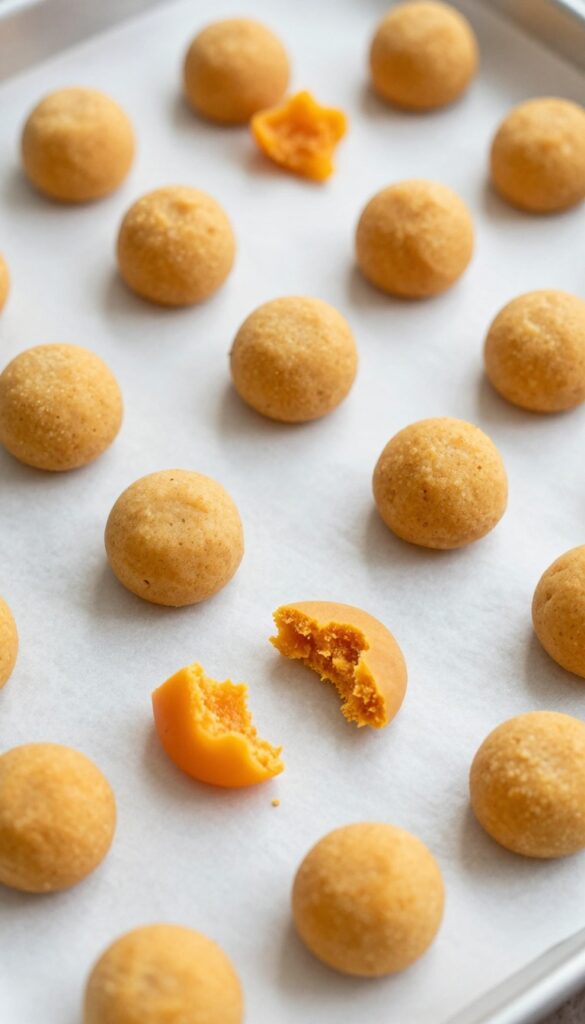 Homemade soft chewy dog training treats made with bell pepper and pumpkin on a baking sheet.