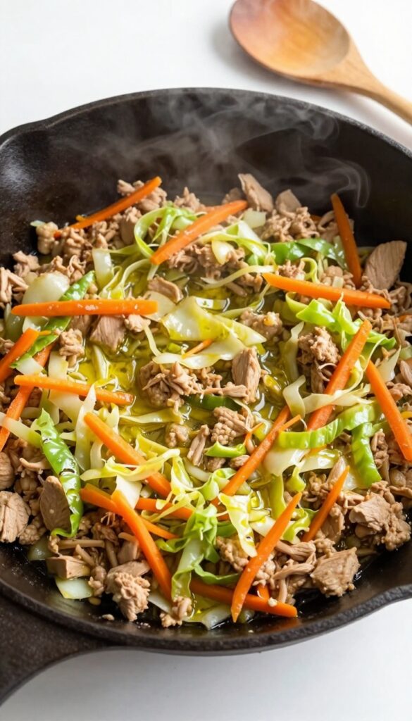Homemade dog food skillet with ground turkey, cabbage, and carrot in a cast-iron pan.