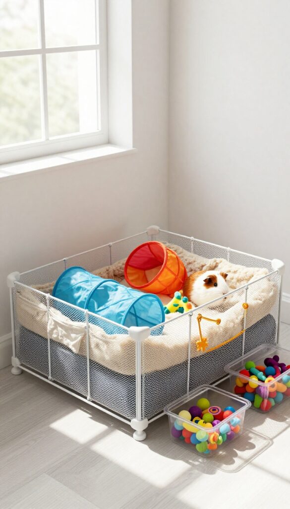 Corner playpen with built-in toy storage for guinea pigs, featuring modular wire panels and attached storage pouches