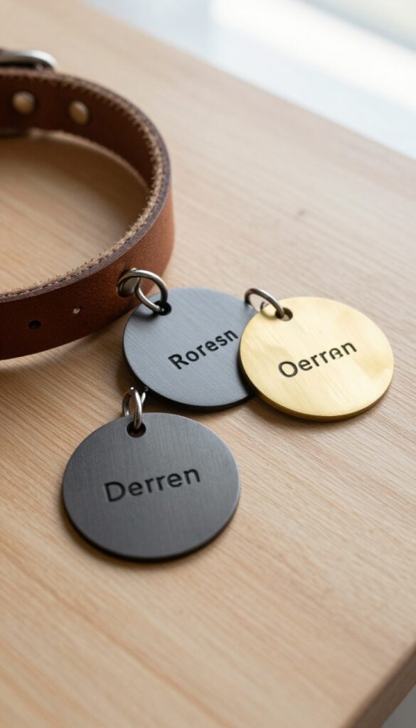 Minimalist disc dog tags in stainless steel, matte black, and brass on a wooden surface next to a leather collar