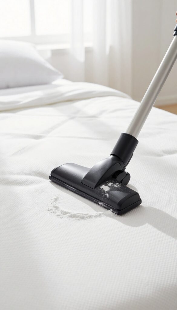 Vacuuming baking soda off a mattress with an upholstery attachment in bright natural light