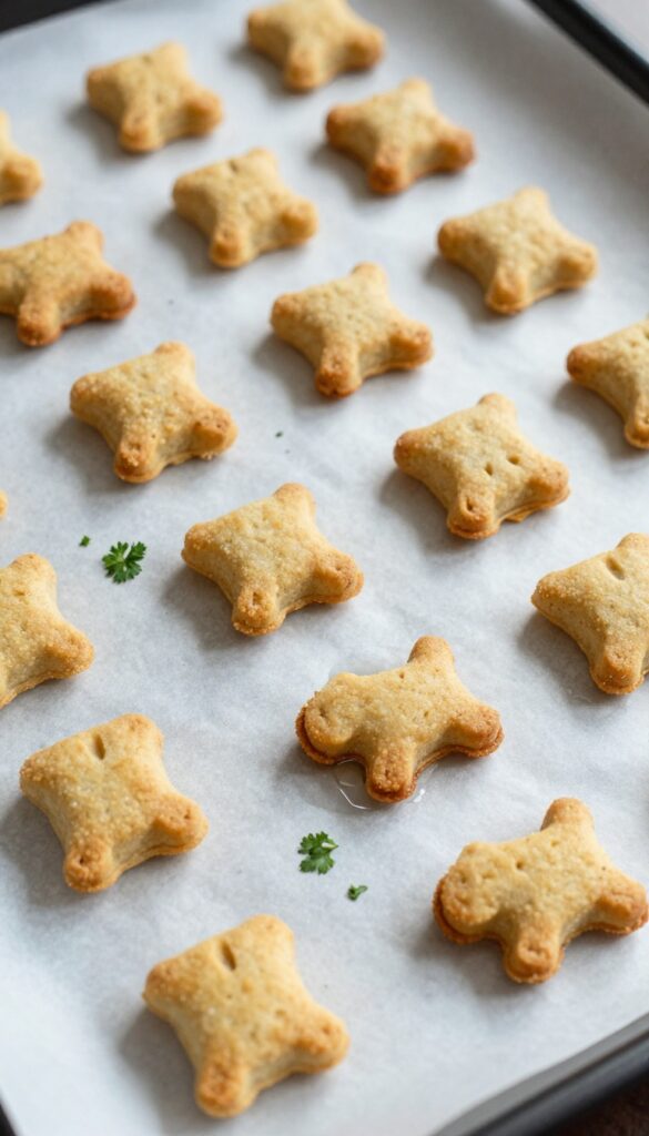 Small golden-brown baked dog treats with fork marks, parsley leaves, and a tin of sardines on parchment paper.