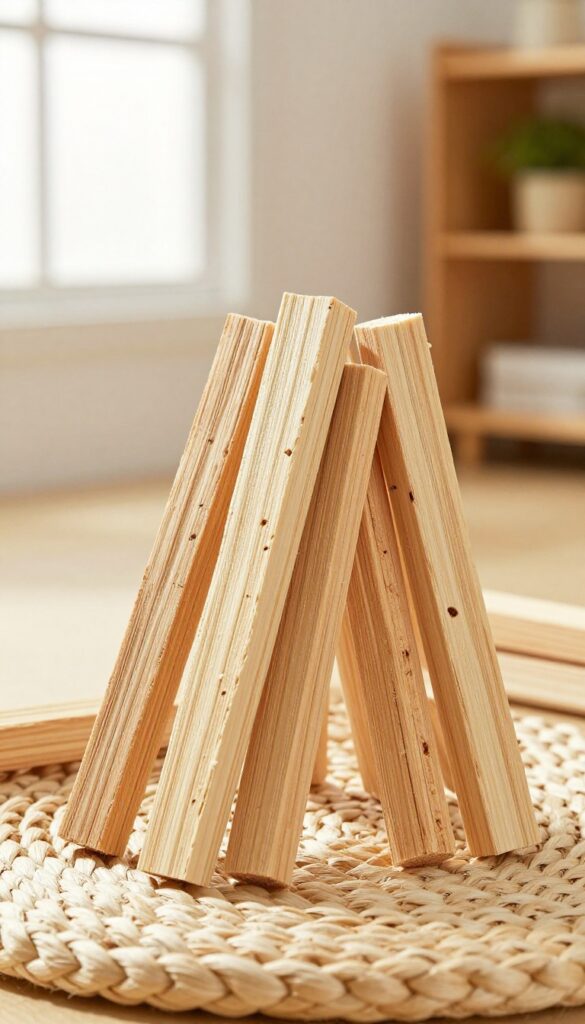 Applewood chew sticks for guinea pig dental health, arranged on a woven placemat in natural light
