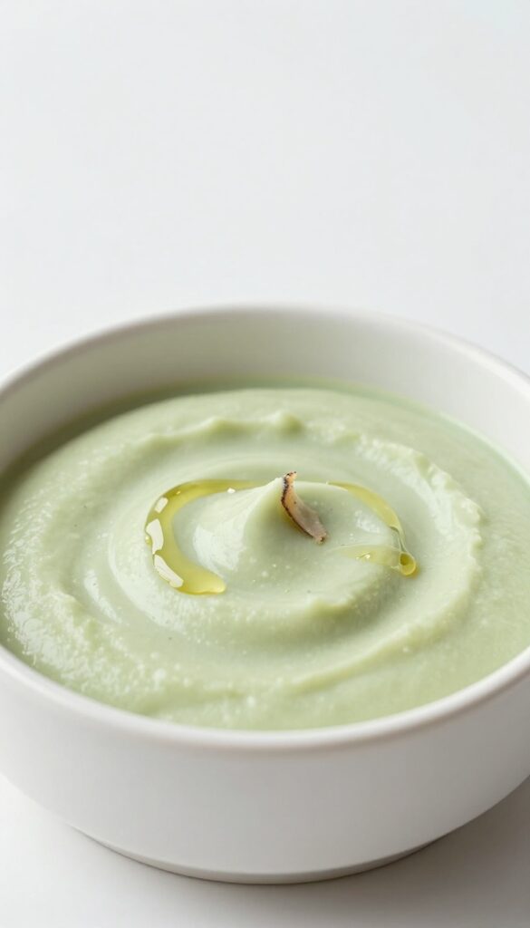 Close-up of a smooth pollock and pea puree in a white dog bowl, with a flake of fish on top and a drizzle of oil, soft natural lighting.