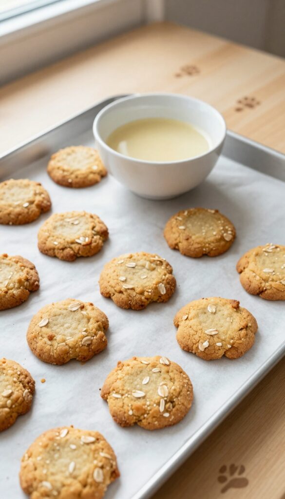Homemade goat milk and oatmeal drop cookies for dogs arranged on a baking sheet