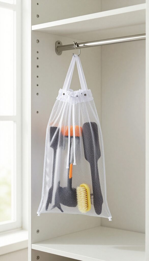 Mesh bag hanging on closet door containing vacuum attachments