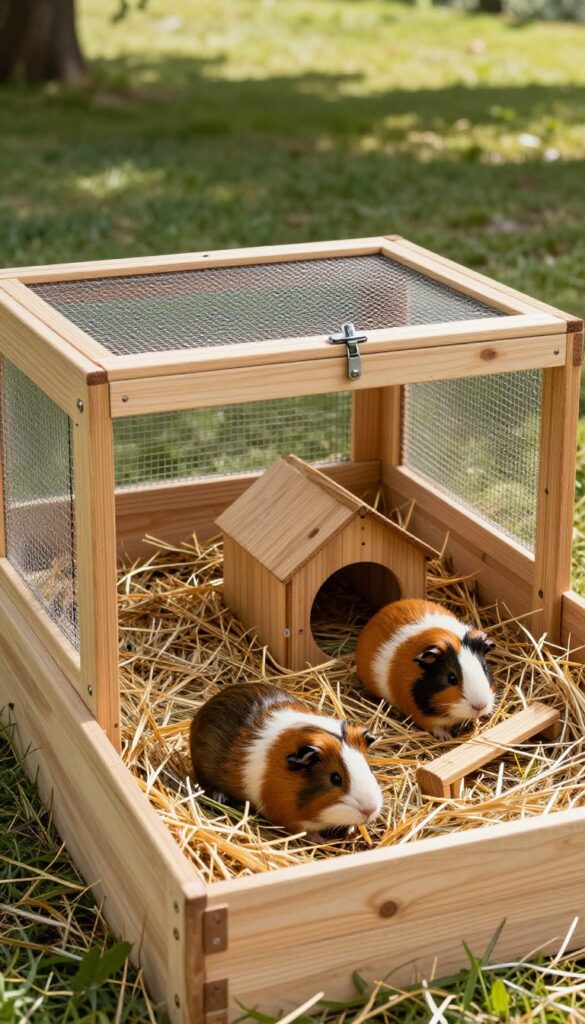 Repurposed wooden sandbox with mesh lid as outdoor guinea pig enclosure, hay and grass inside, guinea pigs foraging, shaded backyard.