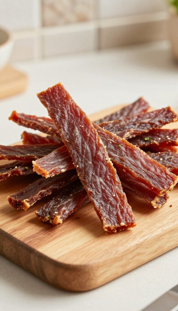 Homemade dehydrated meat jerky strips for dogs stacked on a wooden cutting board, natural light, rustic kitchen setting, chewy texture, parsley seasoning visible.