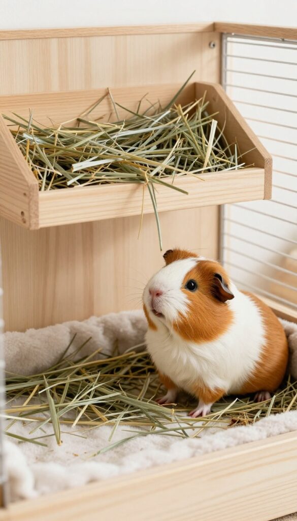 Guinea pig standing and eating hay from a wooden wall rack in a clean cage setup